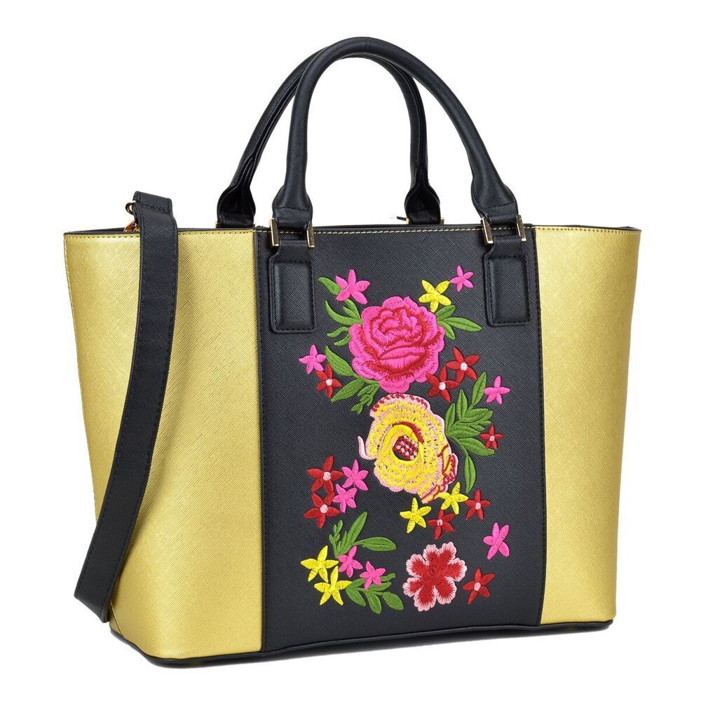 Dasein Medium Black/Gold Classic Tote Bag Satchel Carry All Handbag